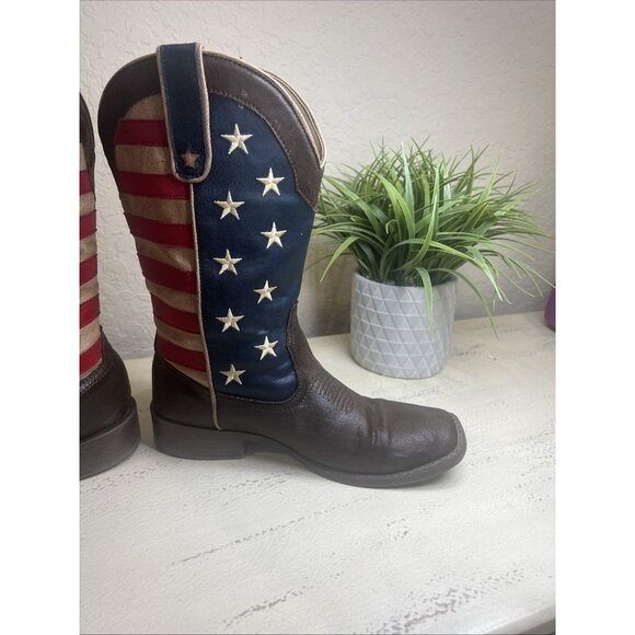 ROPER COWBOY BOOT BROWN FAUX LEATHER WITH AMERICAN FLAG UPPER Size 8 - Picture 9 of 14